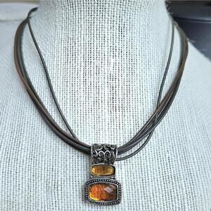 Cookie Lee Amber Pendant Multistrand Cord Necklace